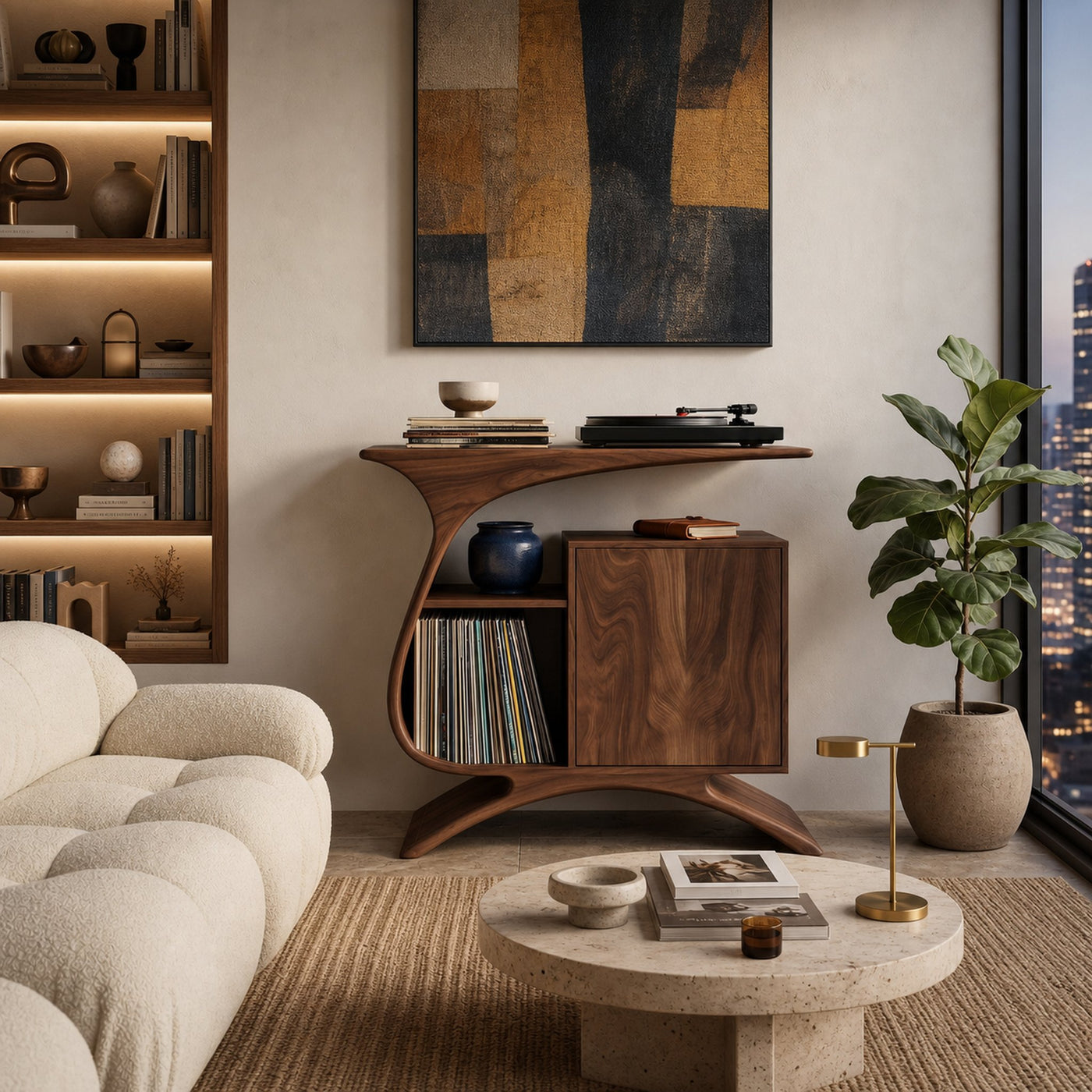 Wooden Record Player Stand With Sculptural Form For Entertainment Room - product view 7