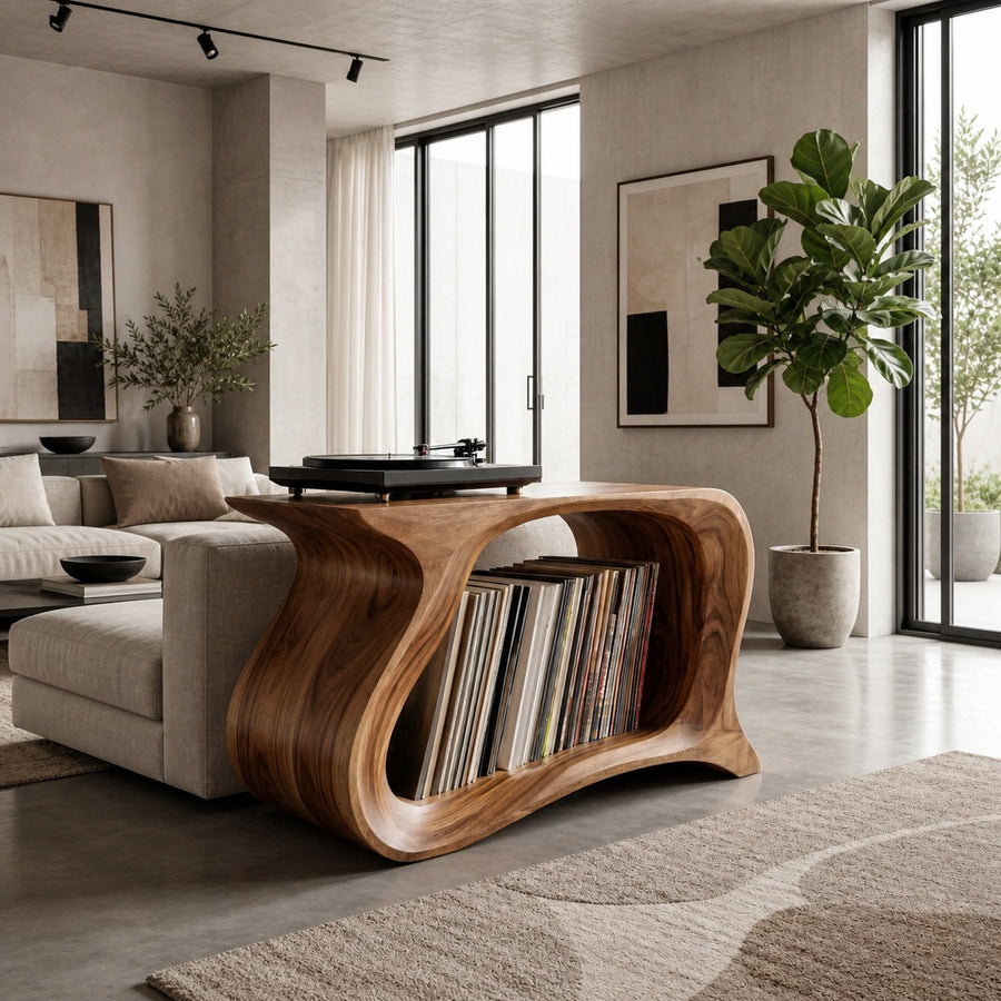 Wooden Record Player Stand With Sculptural Form For Living Room