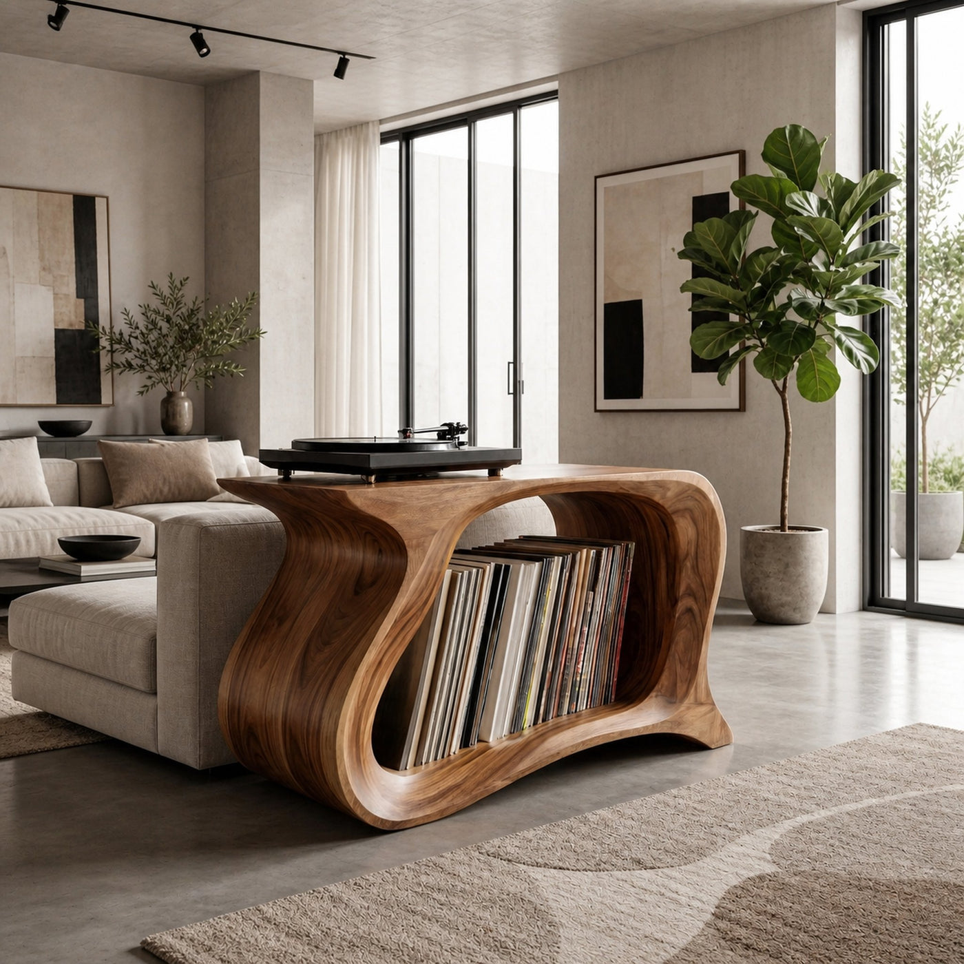 Wooden Record Player Stand With Sculptural Form For Living Room