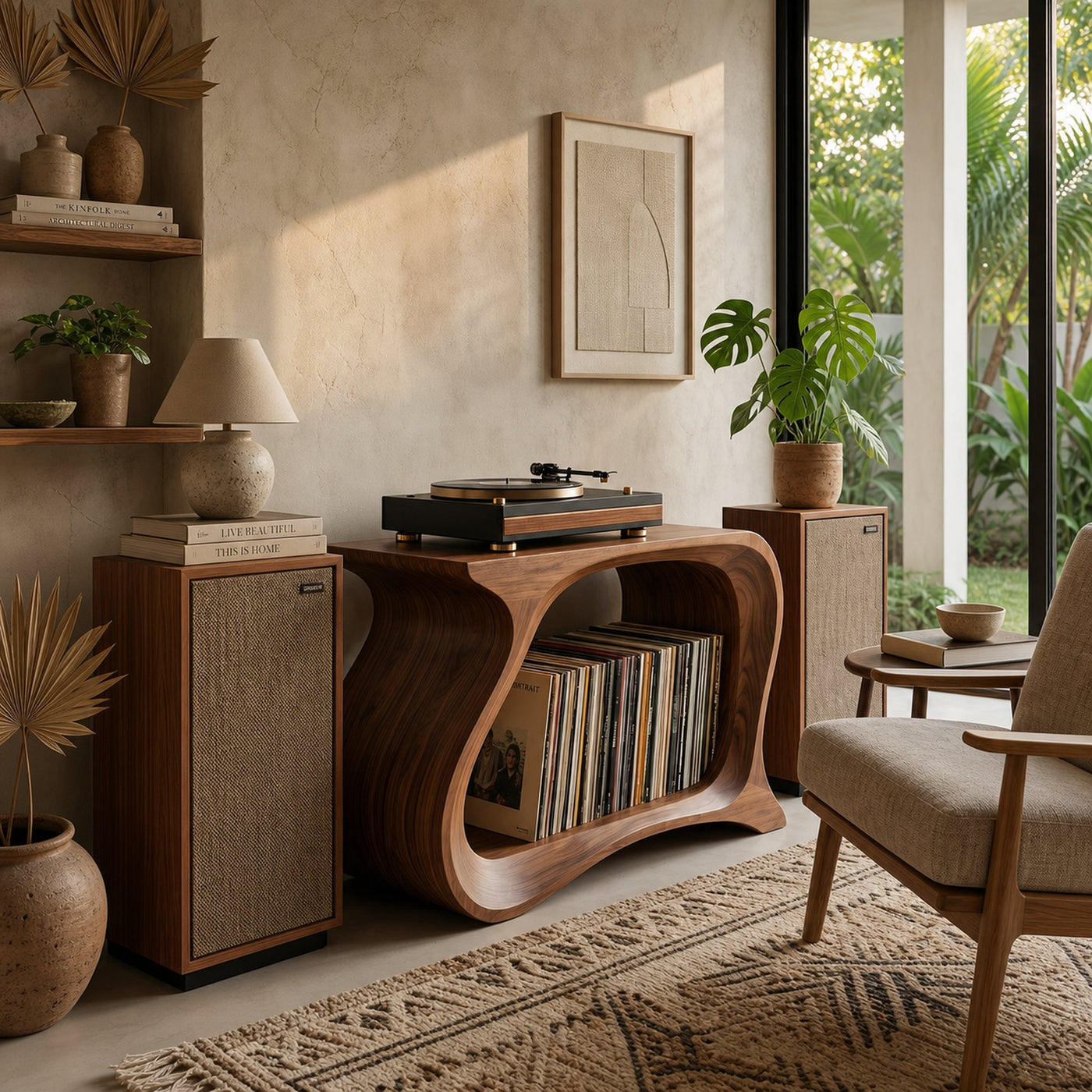 Wooden Record Player Stand With Sculptural Form For Living Room - product view 3
