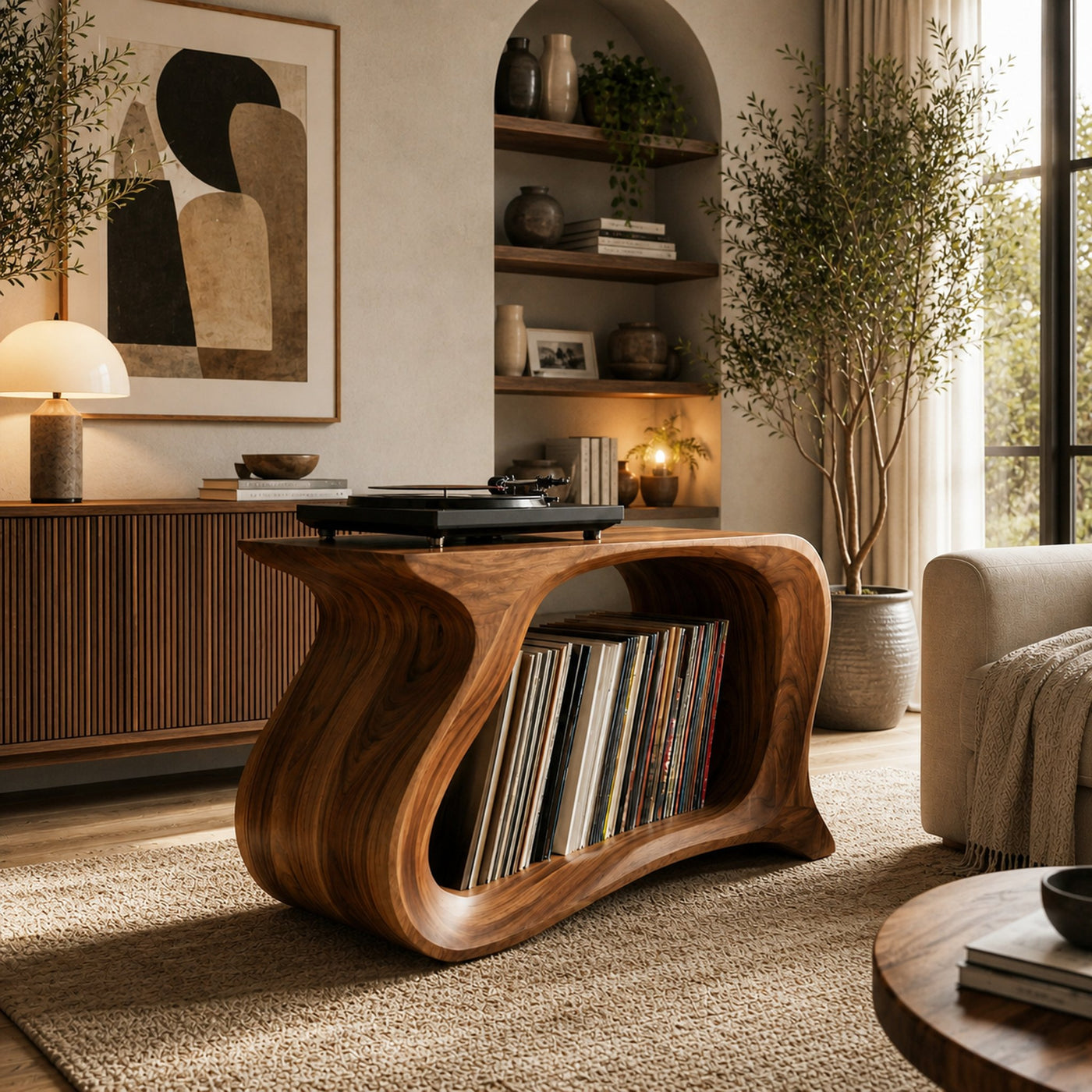 Wooden Record Player Stand With Sculptural Form For Living Room - product view 6