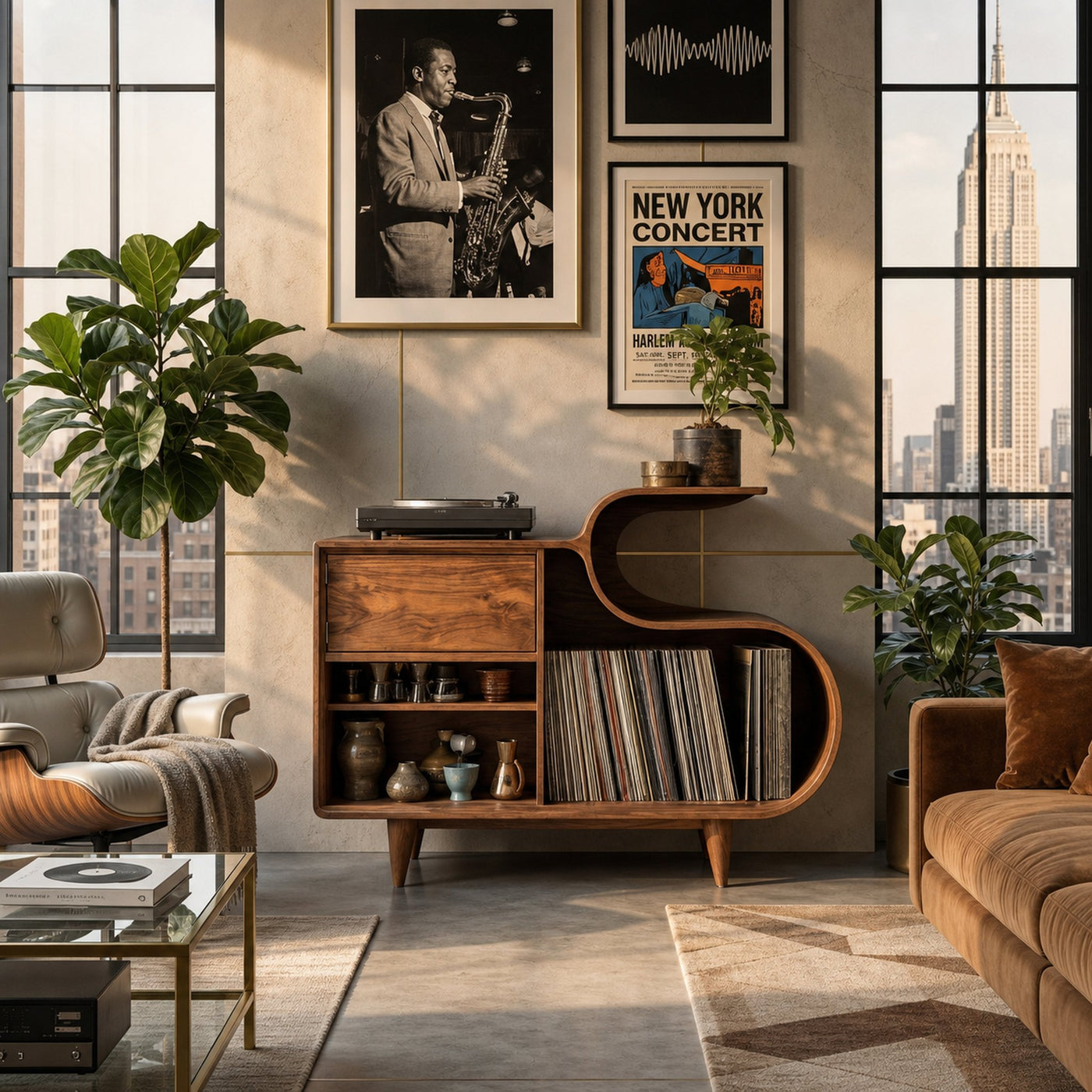 Wooden Vinyl Record Cabinet With Integrated S-Shaped Shelf For Living