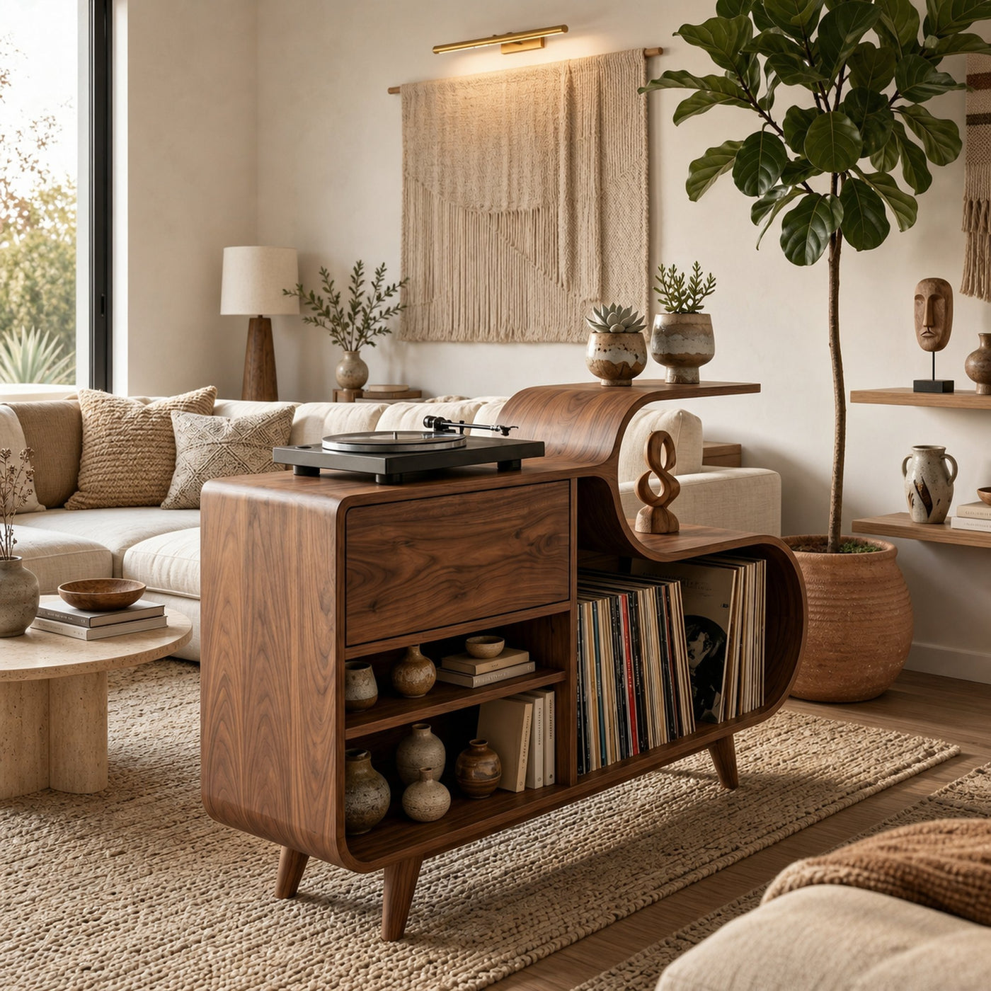 Wooden Vinyl Record Cabinet With Integrated S-Shaped Shelf For Living - product view 3