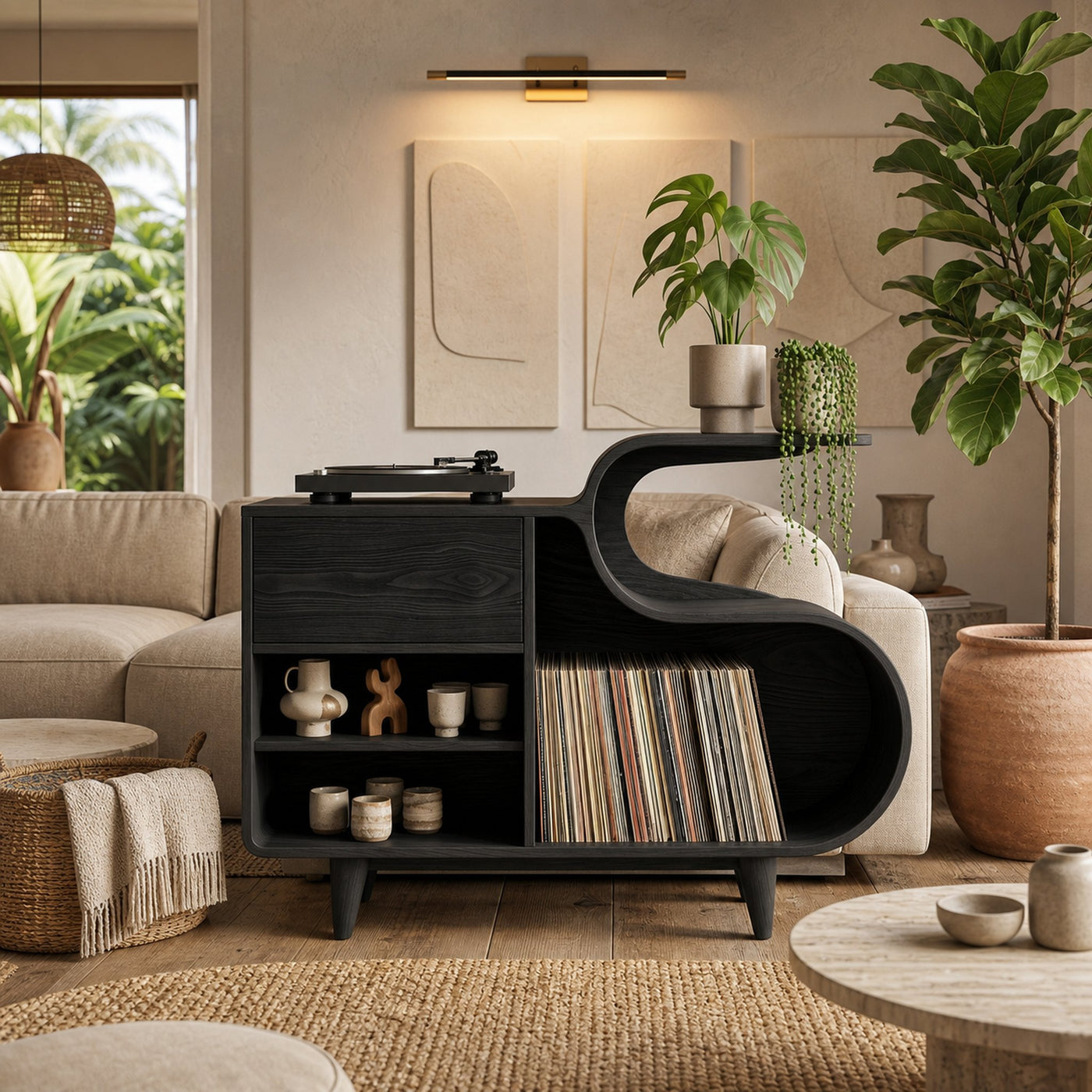 Wooden Vinyl Record Cabinet With Integrated S-Shaped Shelf For Living - product view 4