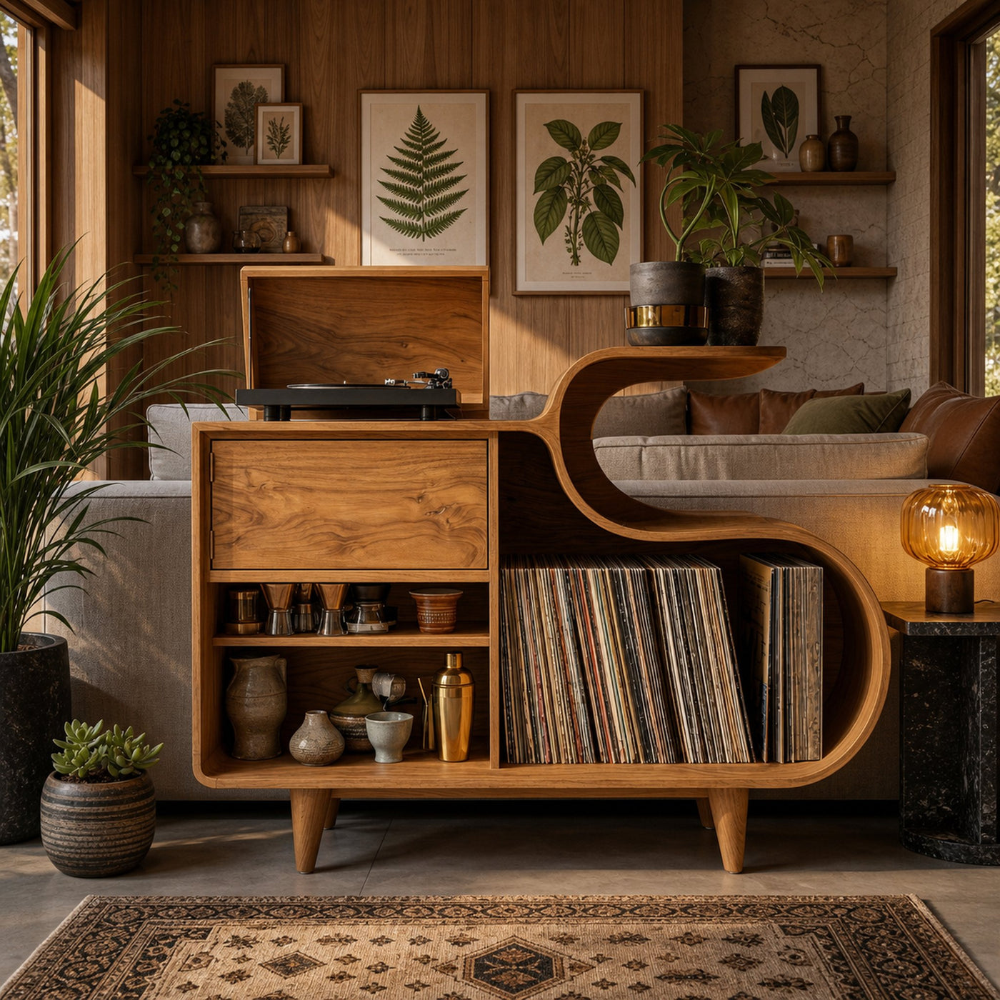 Wooden Vinyl Record Cabinet With Integrated S-Shaped Shelf For Living - product view 5