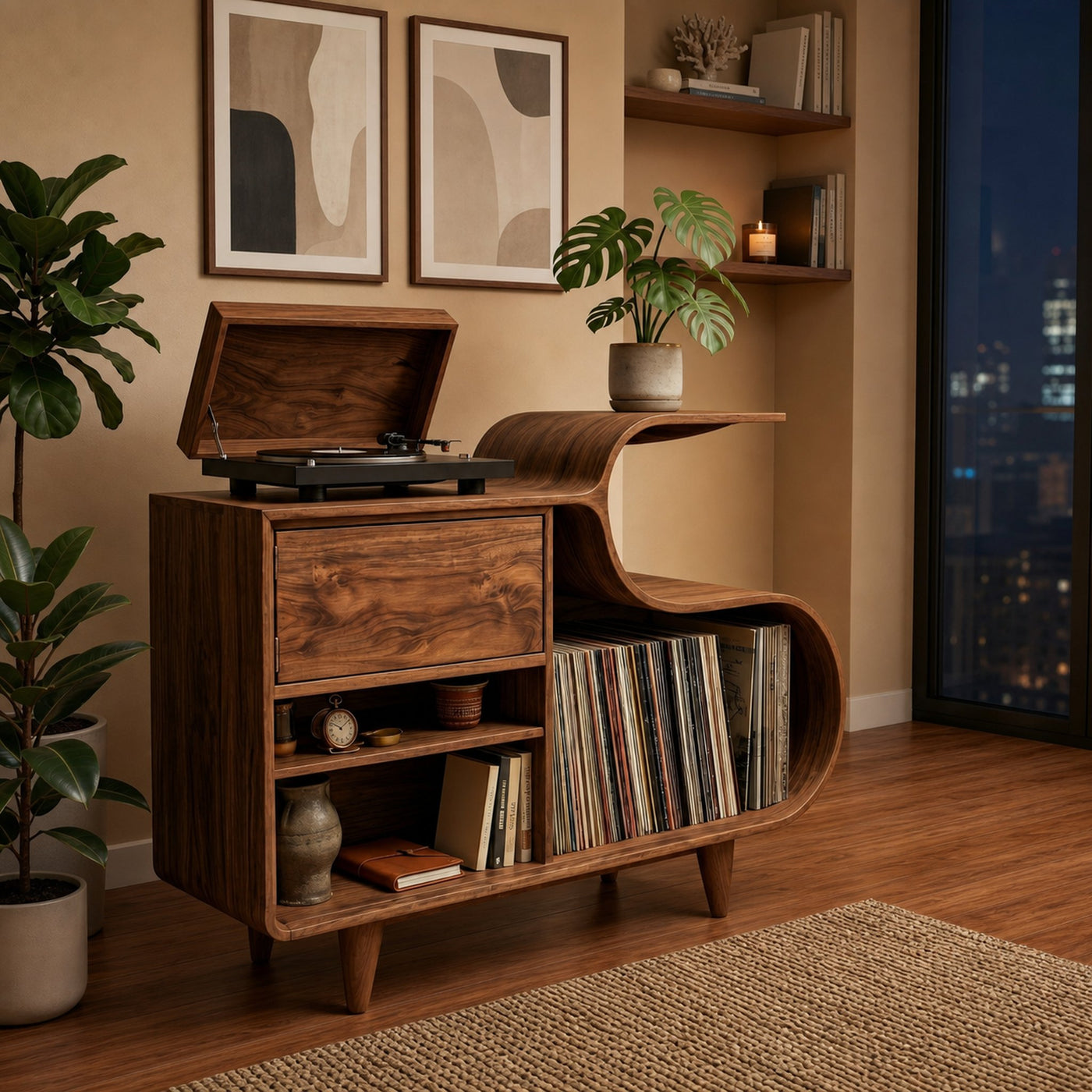 Wooden Vinyl Record Cabinet With Integrated S-Shaped Shelf For Living - product view 6