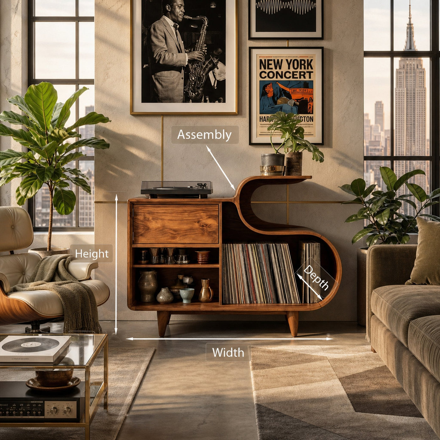 Wooden Vinyl Record Cabinet With Integrated S-Shaped Shelf For Living - product view 8