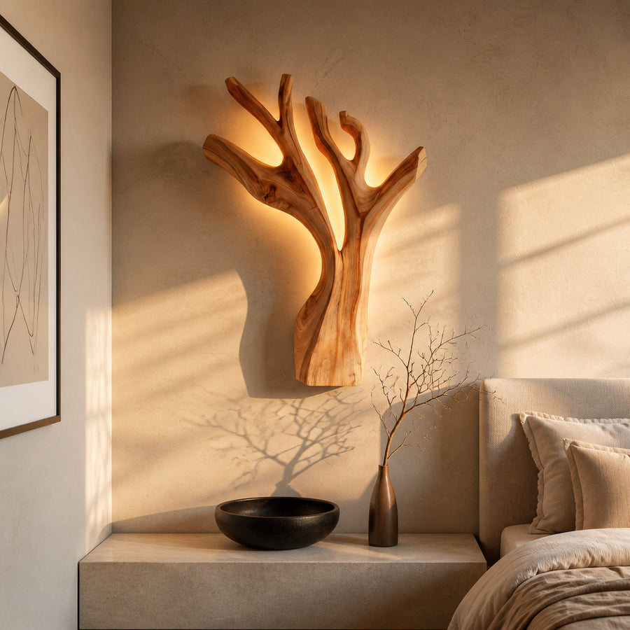 Artistic Branch Style Wooden Wall Lamp For Bedroom