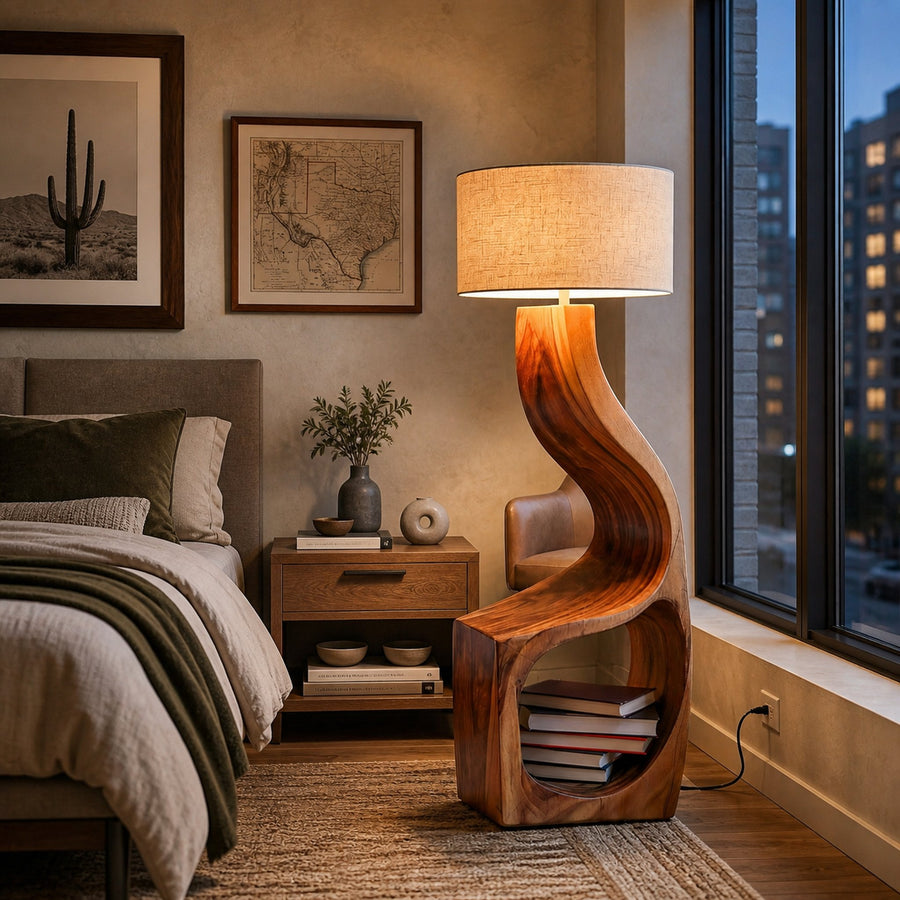 Artistic Natural Wood Standing Lamp With Shelf For Home Library