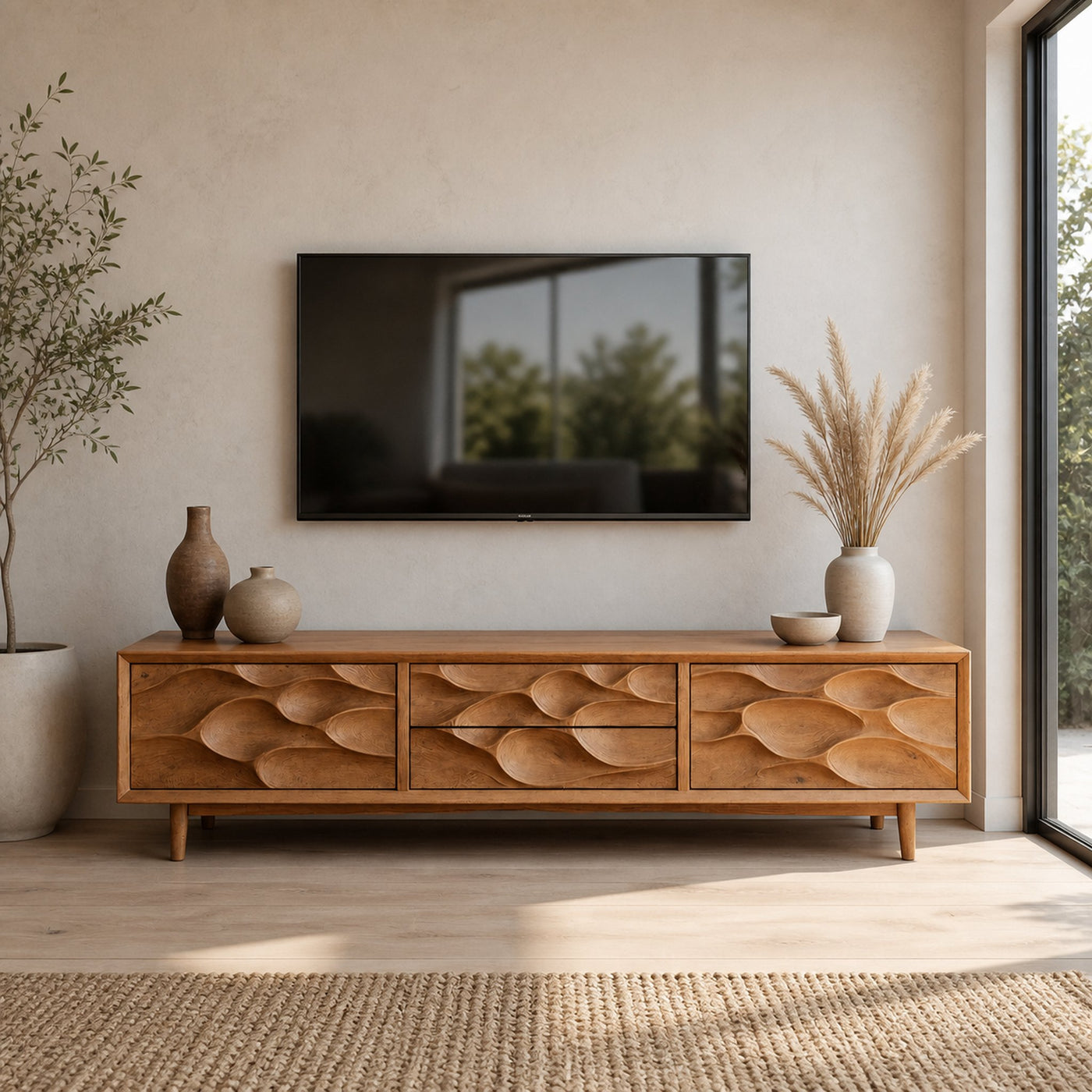 Artistic TV Stand Carved Storage Design For Living Room