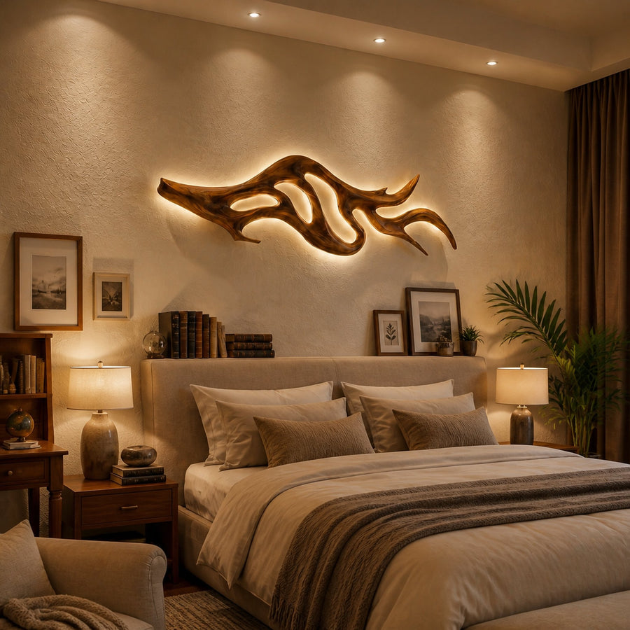 Artistic Wood Wall Light With Sculptural Form For Bedroom