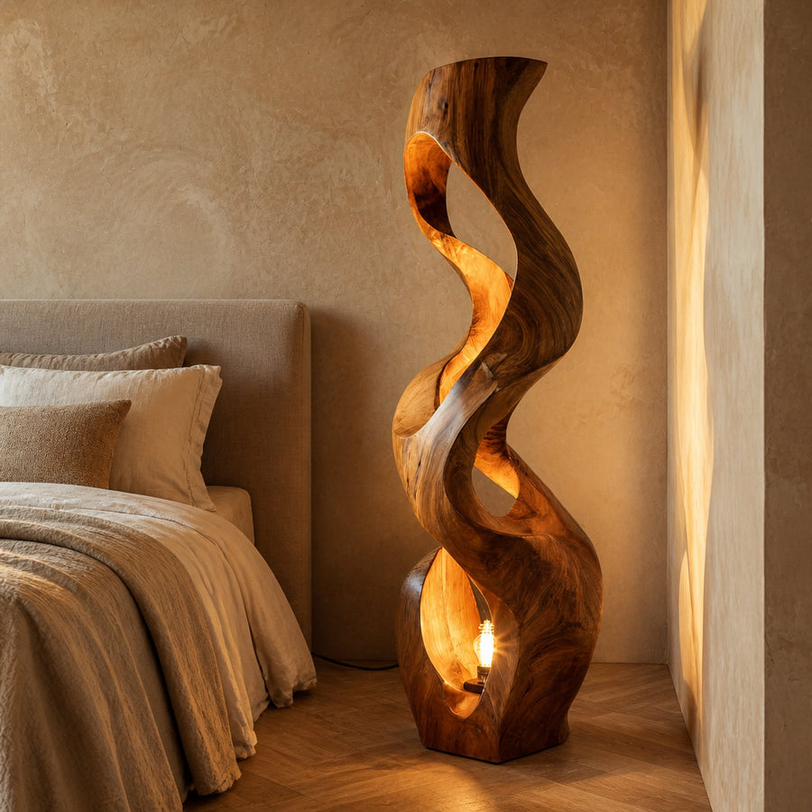 Artistic Wooden Floor Lamp With Flowing Form For Bedroom