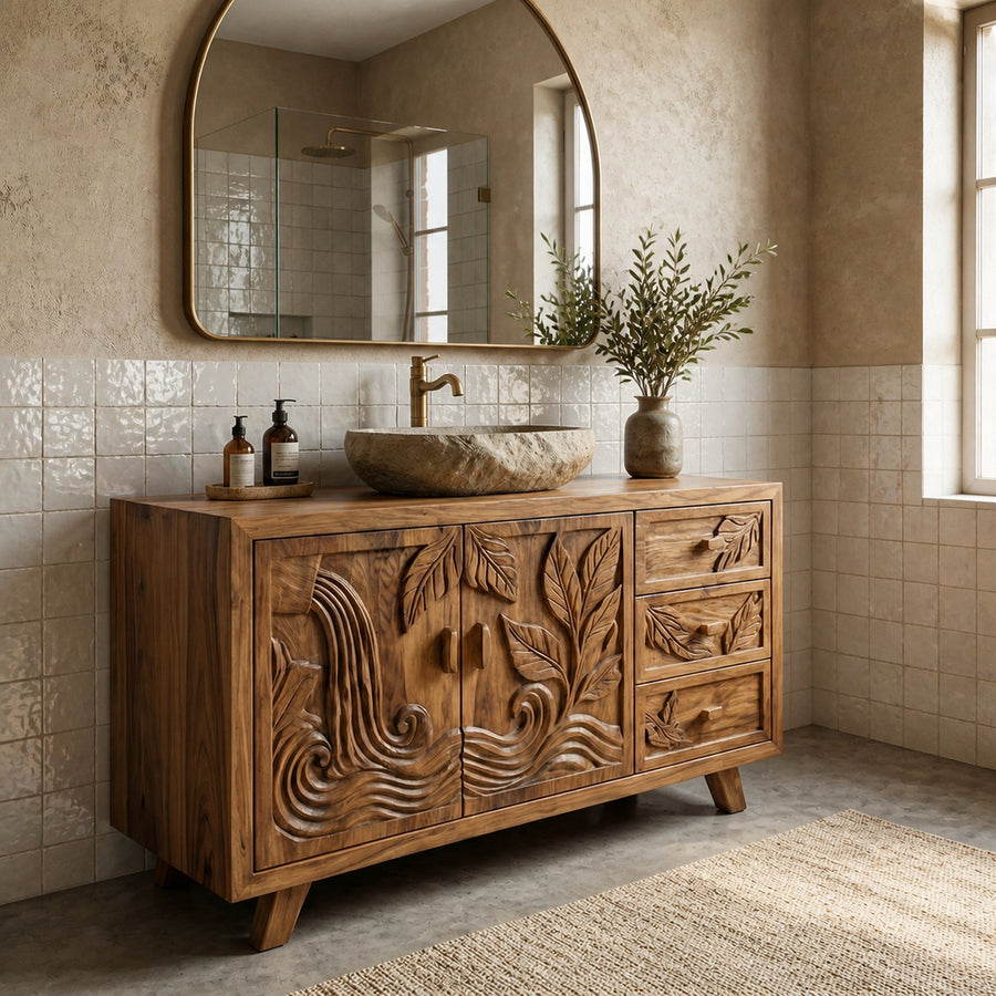 Bohemian Solid Wood Bathroom Vanity Leaf Carved Storage Cabinet