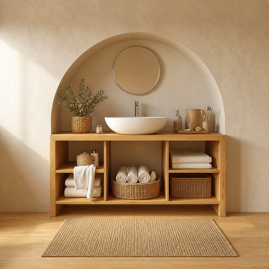 Contemporary Bathroom Storage Cabinet With Simple Open Shelf Layout