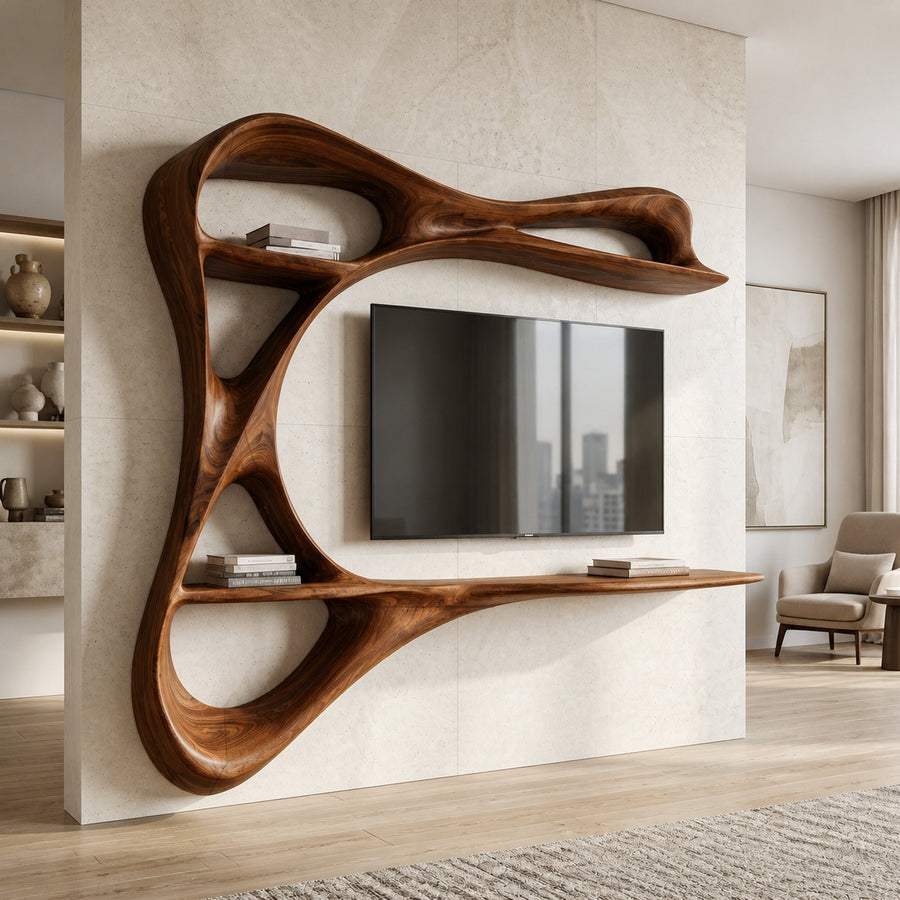 Contemporary Carved Frame TV Console With Integrated Shelves For Home