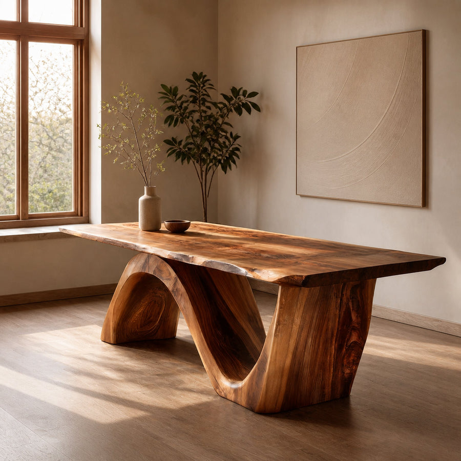 Contemporary Curved Base Wood Dining Table For Dining Area