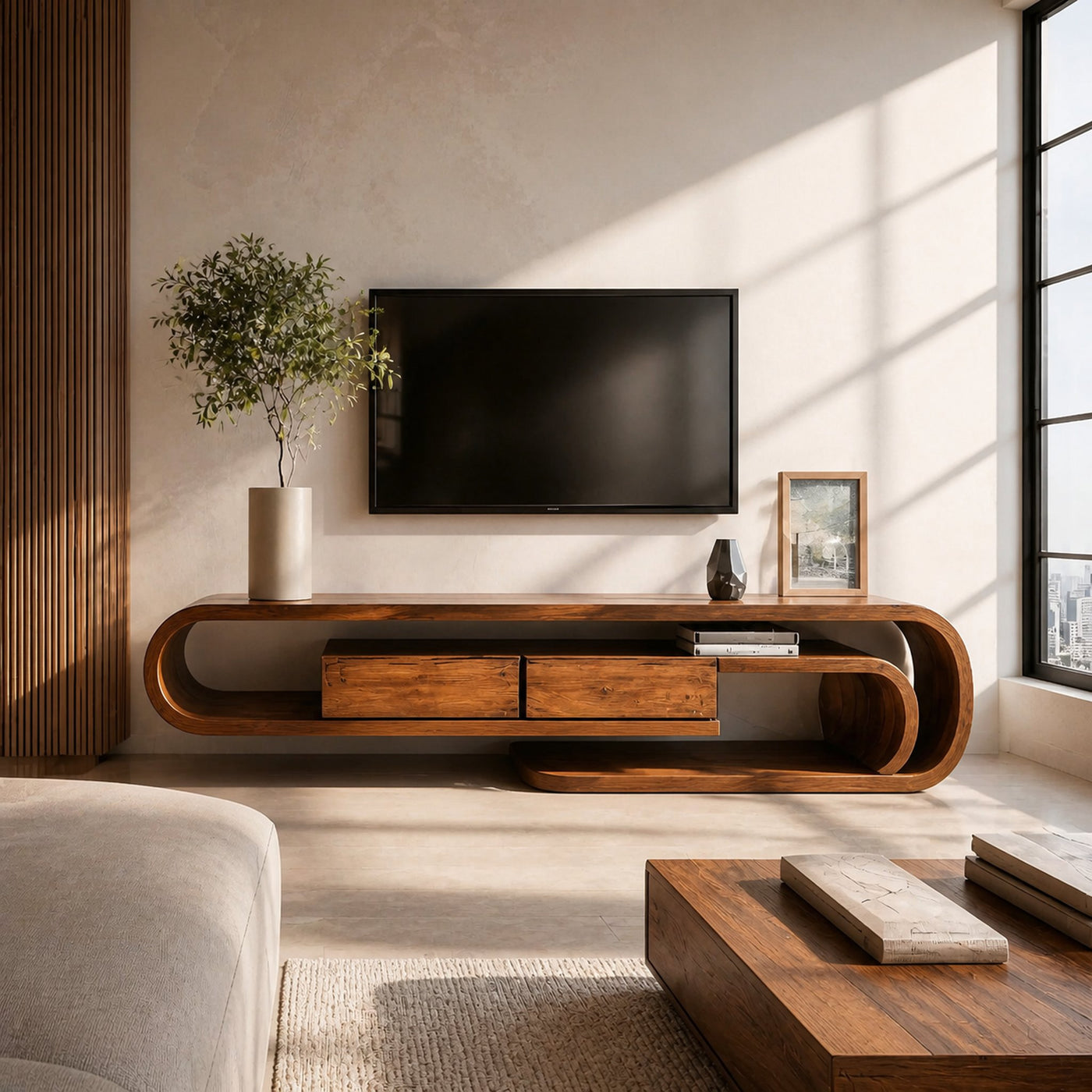 Contemporary Curved TV Shelf For Minimalist Living Room Furniture