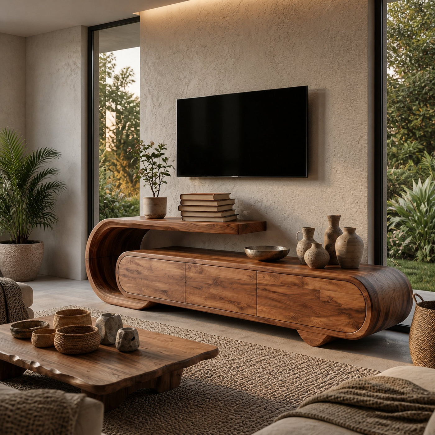 Contemporary Natural Wood TV Console For Home Storage