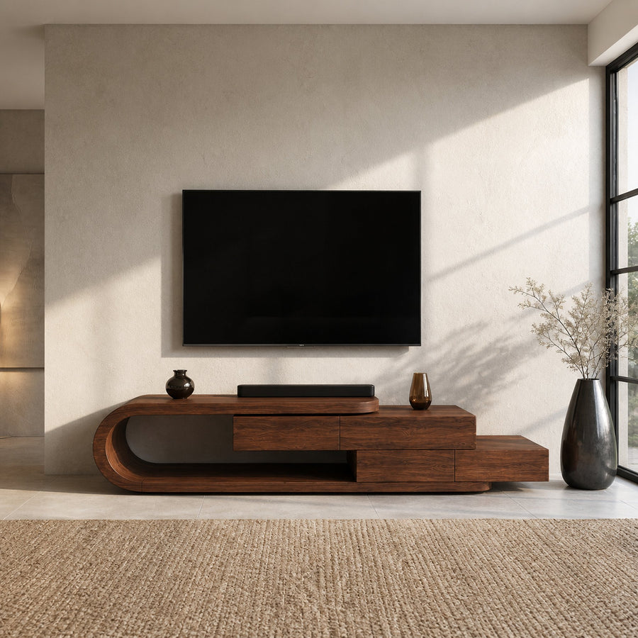 Contemporary Rounded TV Console With 2 Tiers For Living Room