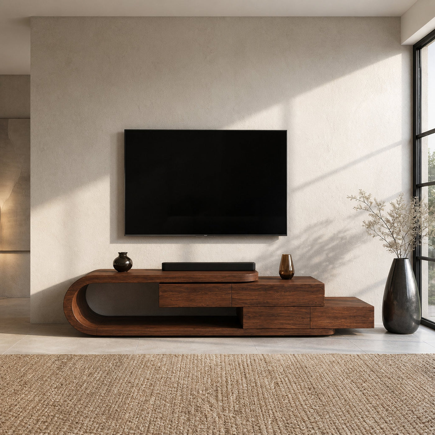 Contemporary Rounded TV Console With 2 Tiers For Living Room