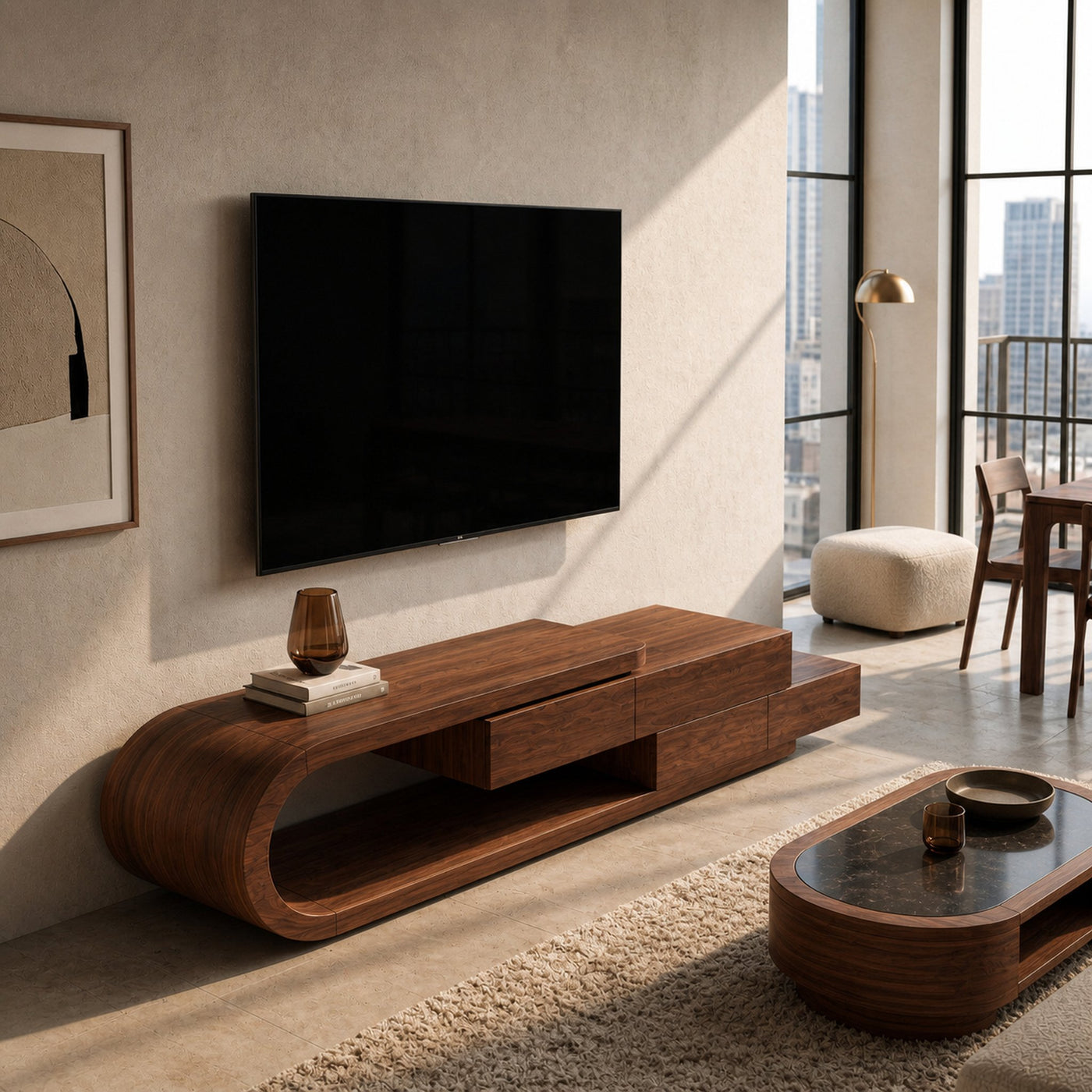 Contemporary Rounded TV Console With 2 Tiers For Living Room - product view 3