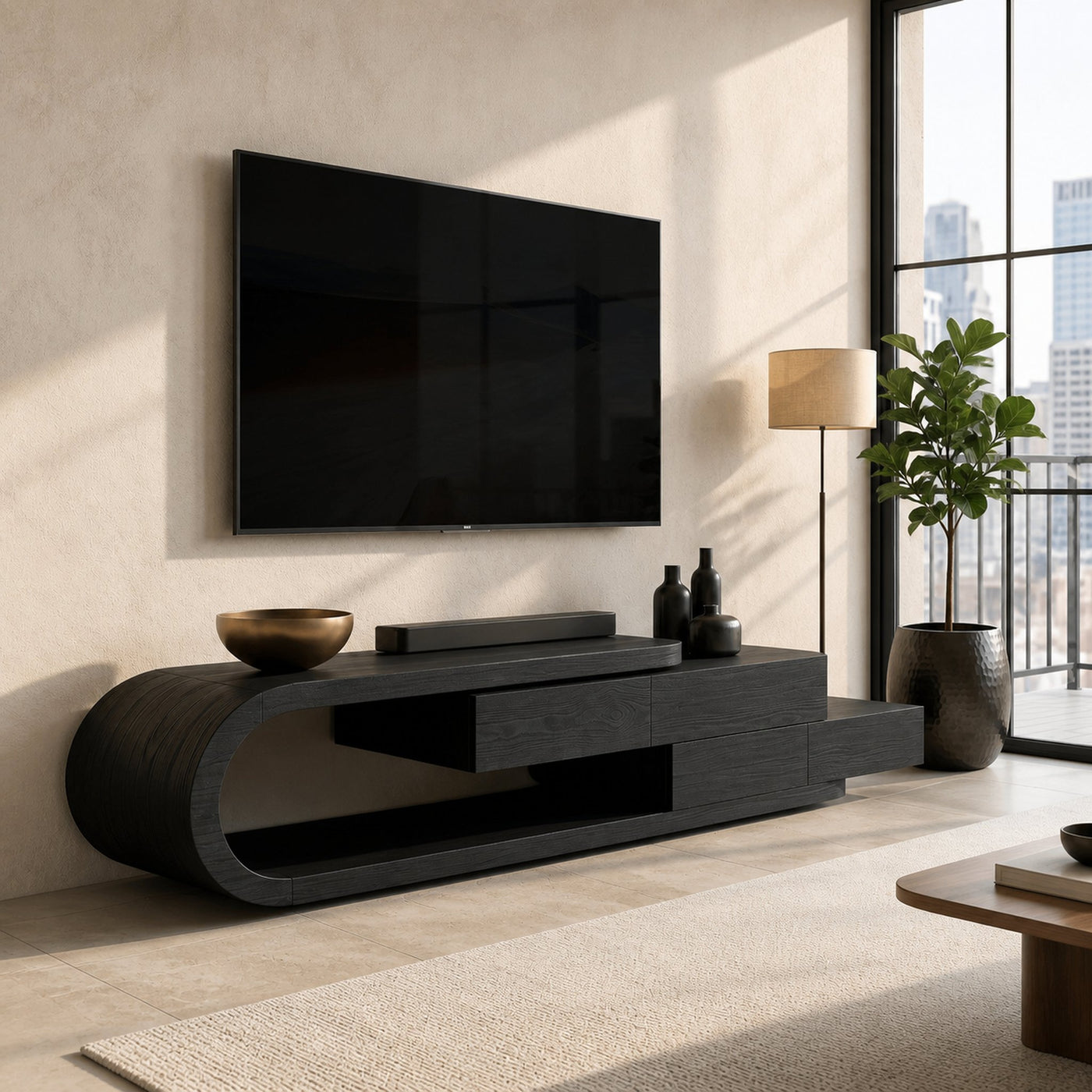 Contemporary Rounded TV Console With 2 Tiers For Living Room - product view 4