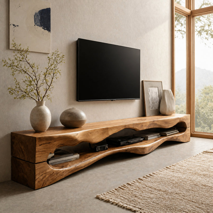 Contemporary Sculptural TV Stand Wavy Carved For Living Room