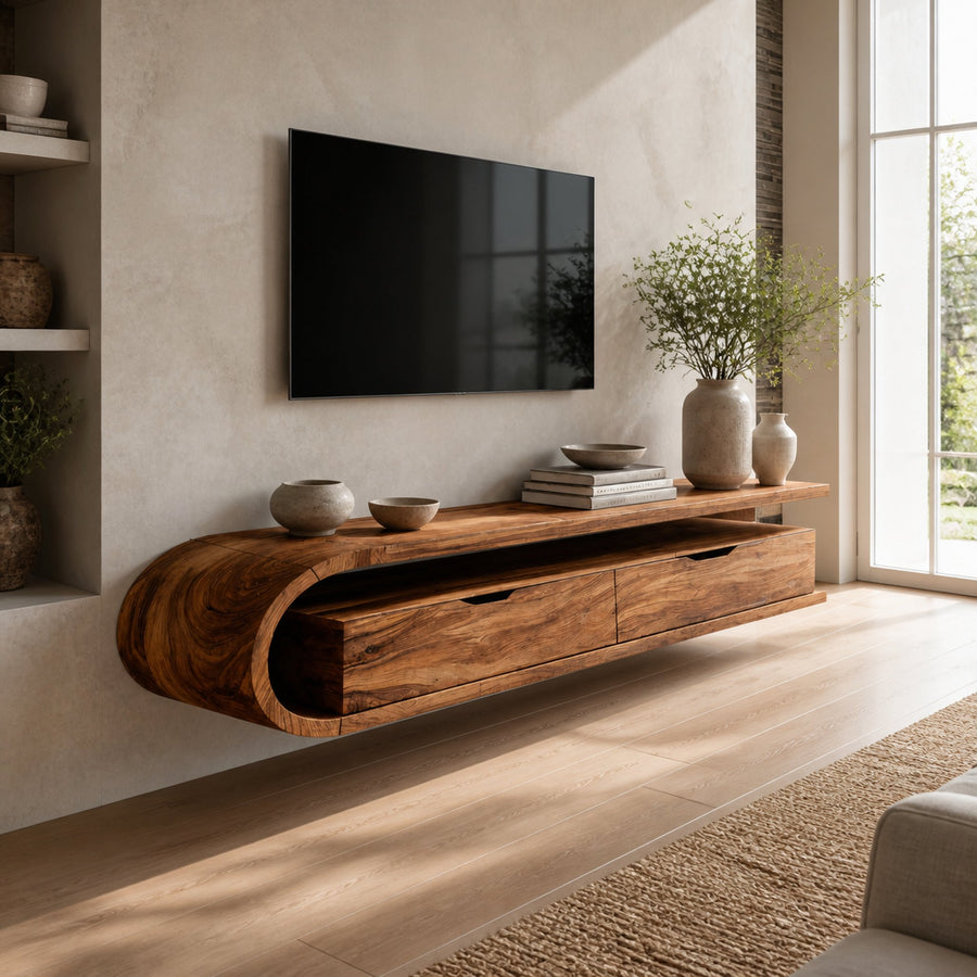 Contemporary Sculptural Wall Mounted Media Console For Living Room