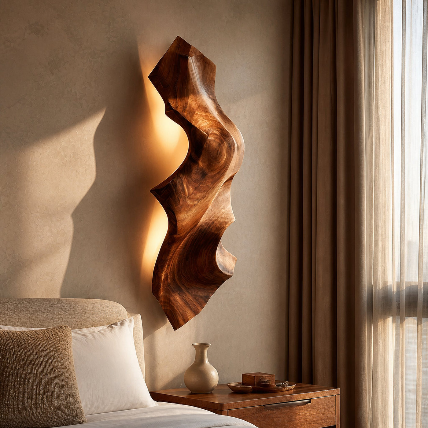 Contemporary Sculptural Wood Wall Light For Bedroom Decor