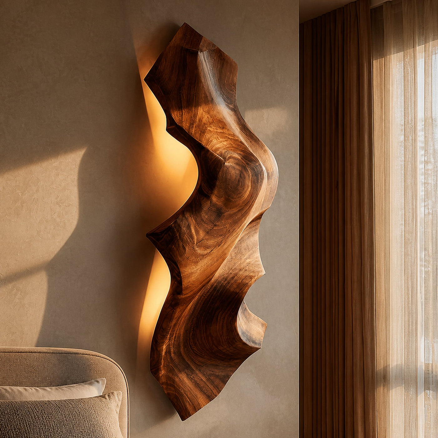 Contemporary Sculptural Wood Wall Light For Bedroom Decor - product view 2