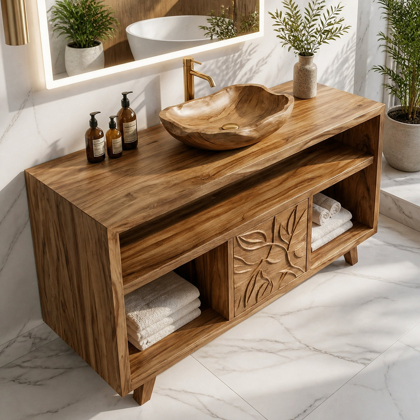 Contemporary Solid Wood Bathroom Vanity Open Niche Carved Door Cabine