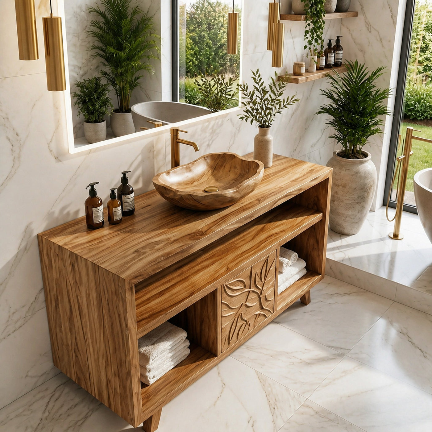 Contemporary Solid Wood Bathroom Vanity Open Niche Carved Door Cabine - product view 2