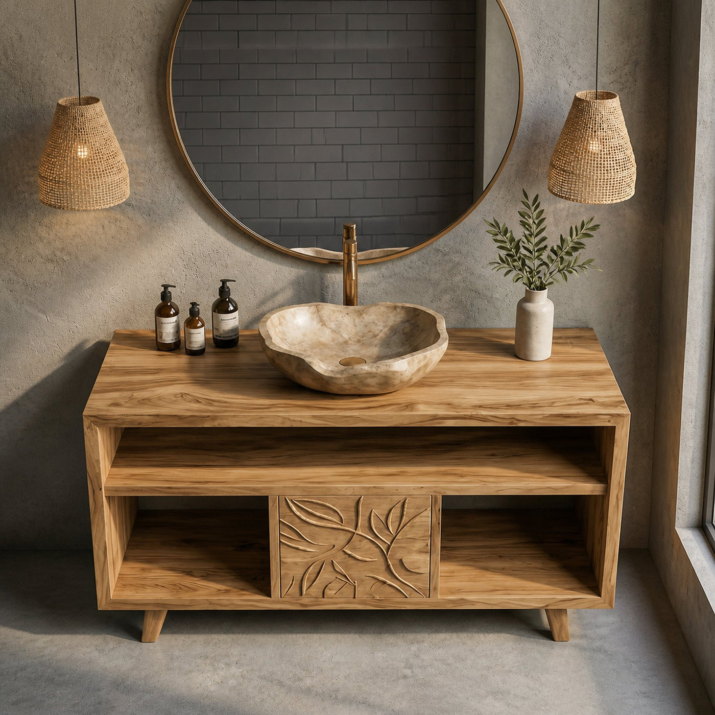 Contemporary Solid Wood Bathroom Vanity Open Niche Carved Door Cabine - product view 3