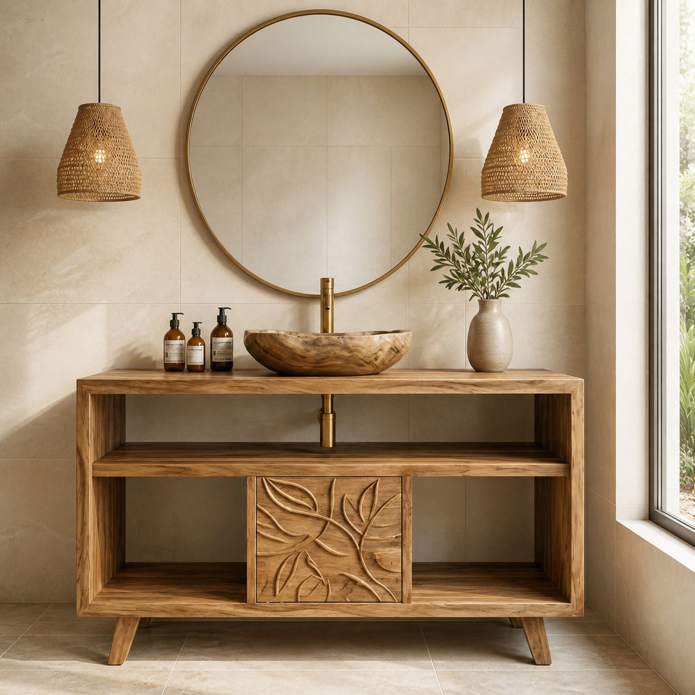 Contemporary Solid Wood Bathroom Vanity Open Niche Carved Door Cabine - product view 4