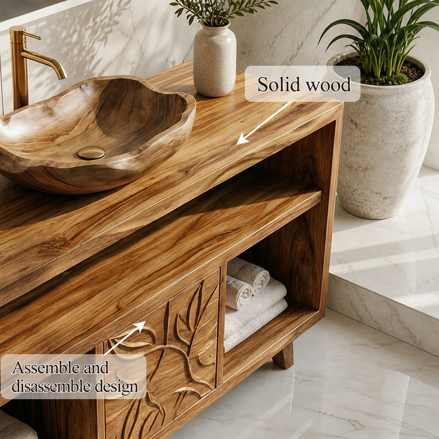 Contemporary Solid Wood Bathroom Vanity Open Niche Carved Door Cabine - product view 6