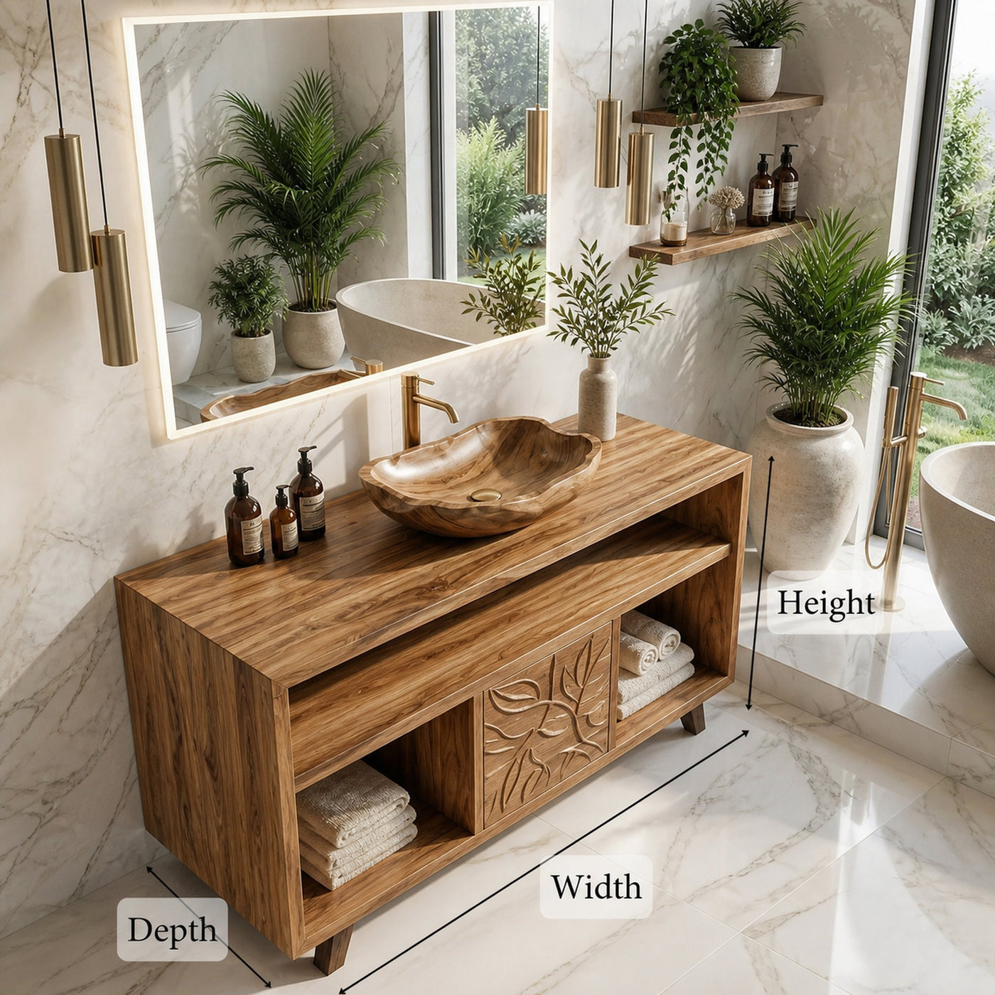 Contemporary Solid Wood Bathroom Vanity Open Niche Carved Door Cabine - product view 7
