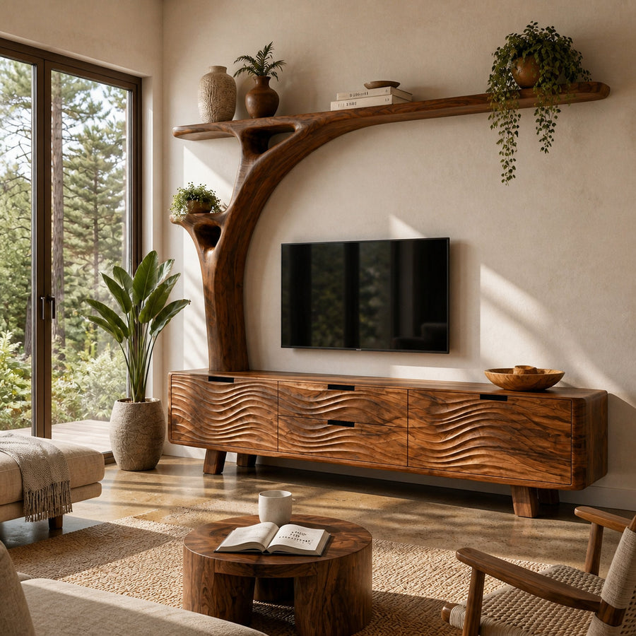 Contemporary Wood TV Cabinet With Curved Shelf For Living Storage