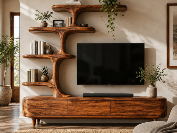 Contemporary Wood TV Stand With Multi-tiered Shelves For Living