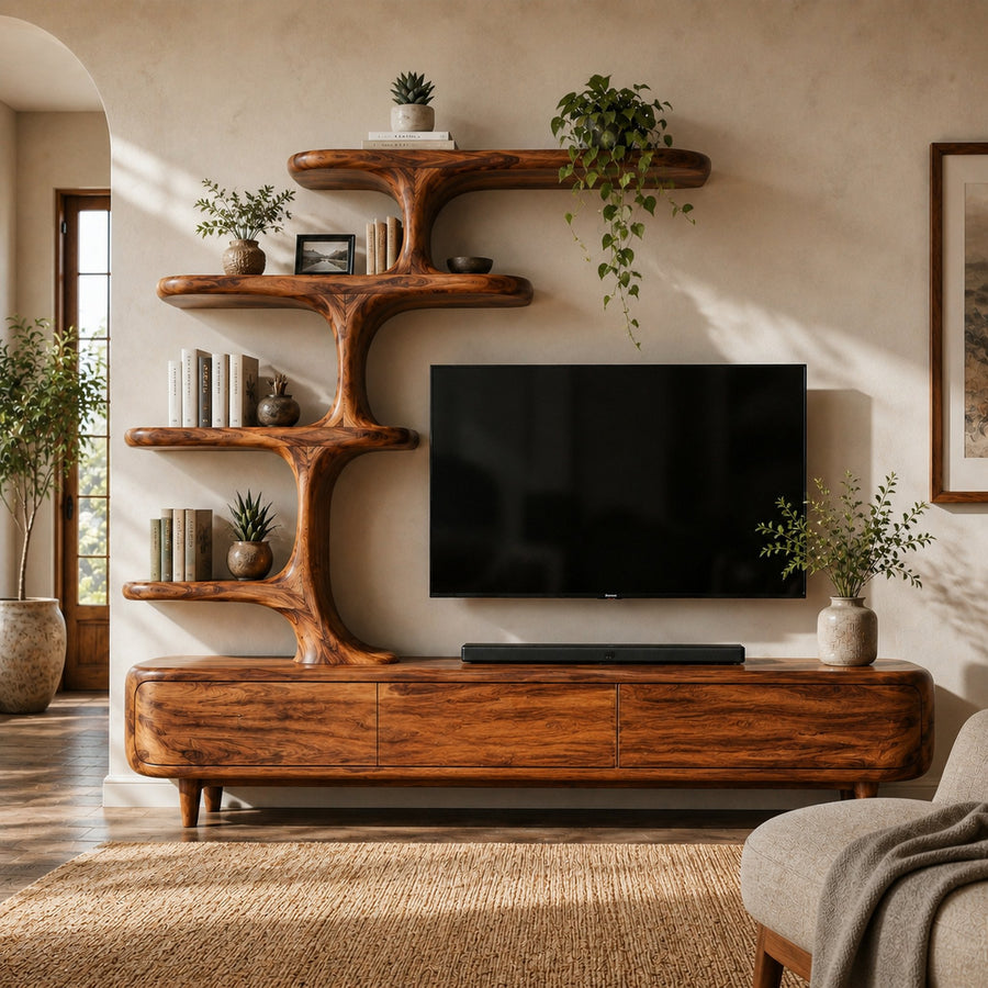 Contemporary Wood TV Stand With Multi-tiered Shelves For Living