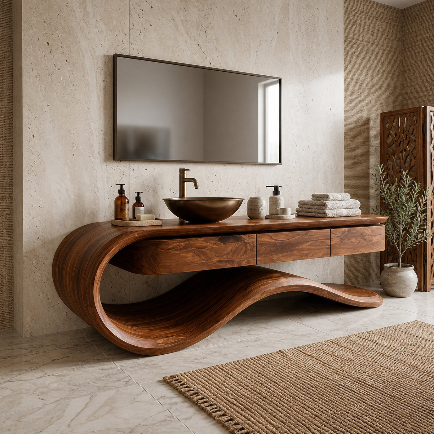 Contemporary Wooden Bathroom Vanity With Wave Base For Bathroom