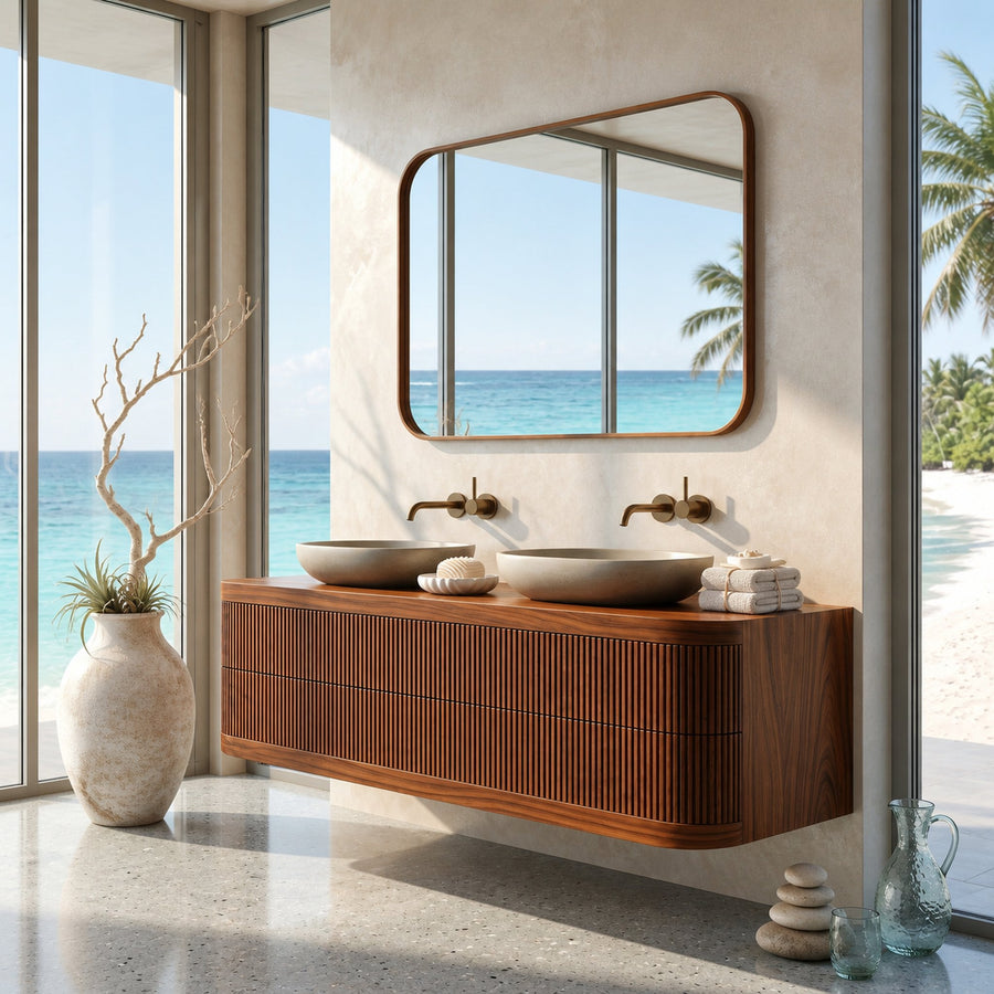 Contemporary Wooden Floating Bathroom Vanity With Fluted Front For Bathroom