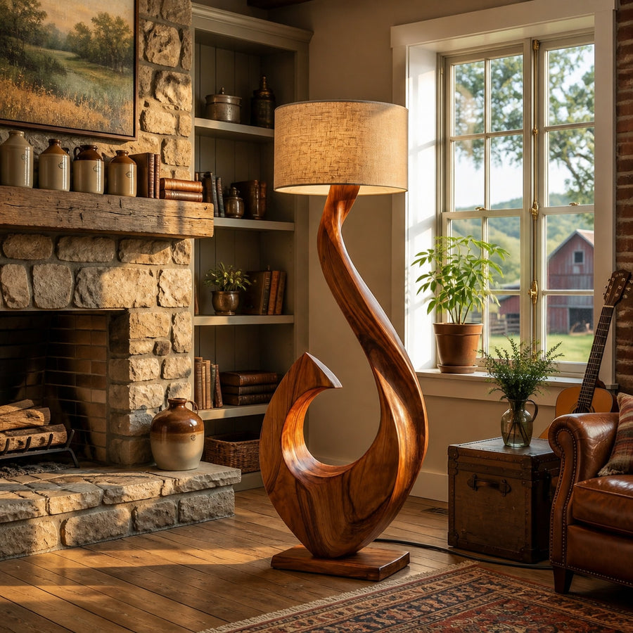 Contemporary Wooden Floor Lamp Curved Shape For Lounge Area