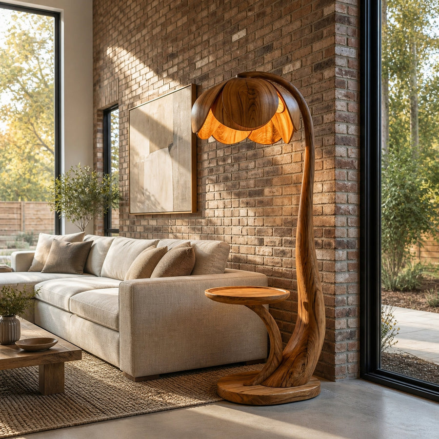 Contemporary Wooden Floor Lamp With Sculptural Flower Shape For Interior