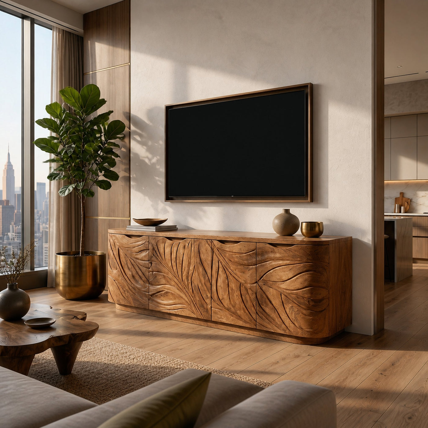 Contemporary Wooden Media Console For Urban Interior