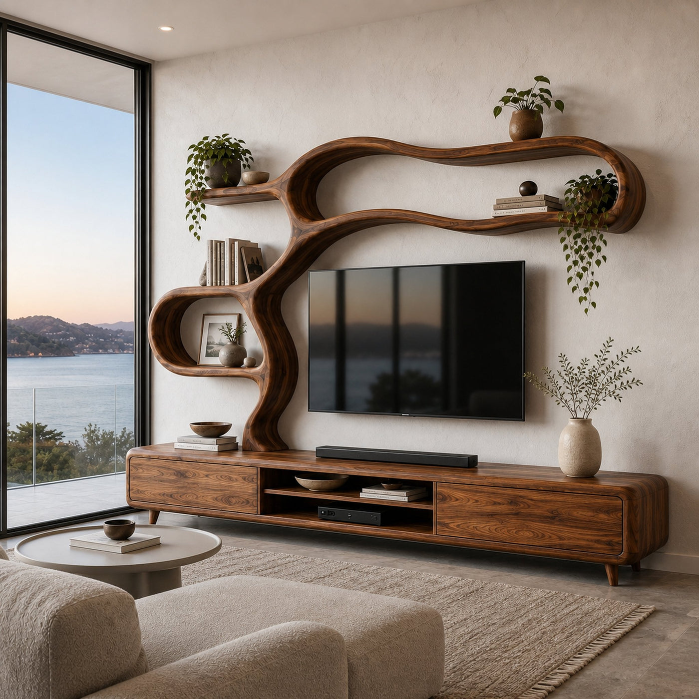 Contemporary Wooden TV Cabinet With Sculptural Frame For Living Room