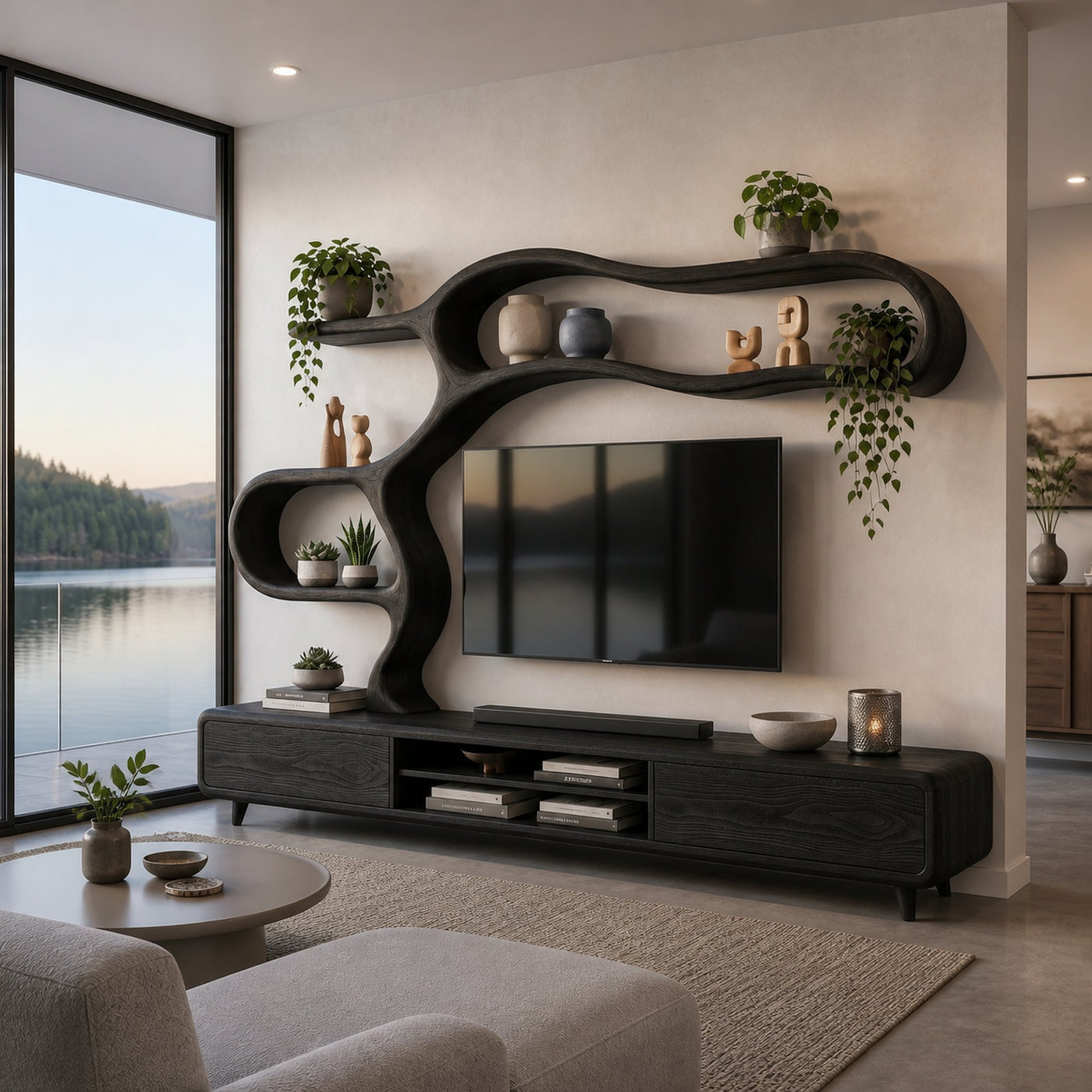 Contemporary Wooden TV Cabinet With Sculptural Frame For Living Room - product view 4