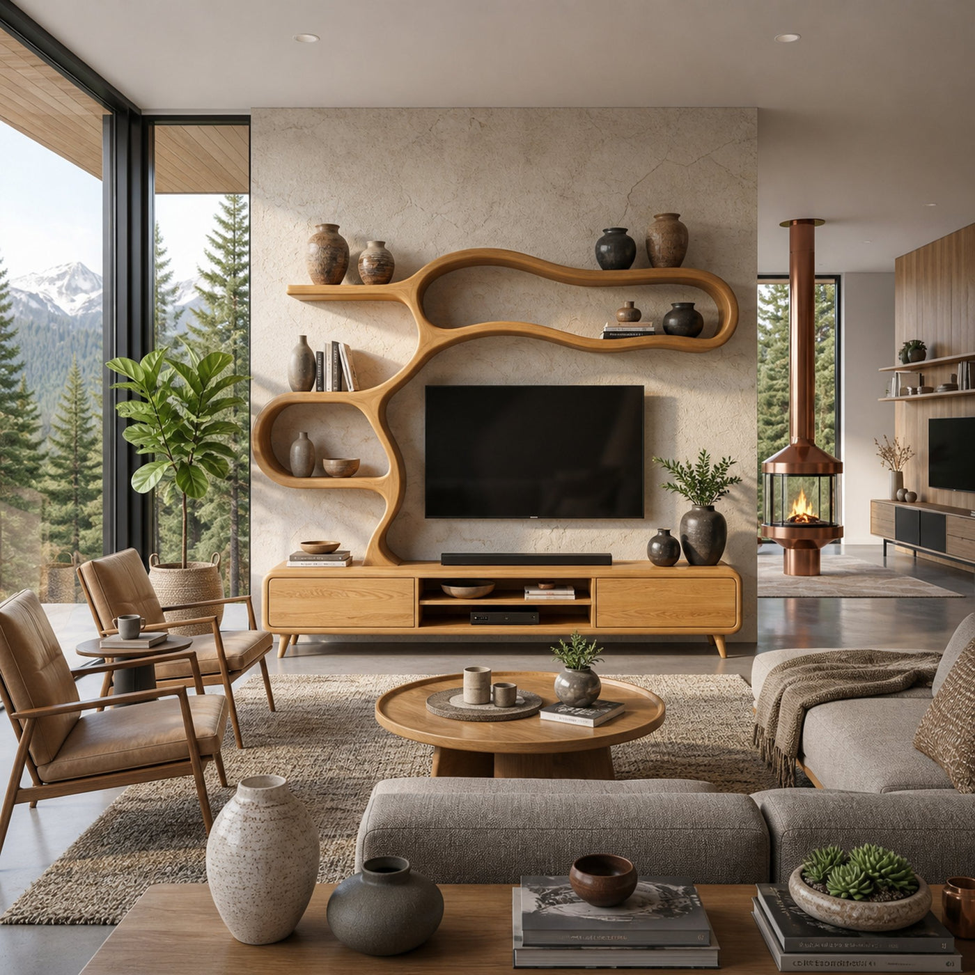 Contemporary Wooden TV Cabinet With Sculptural Frame For Living Room - product view 5
