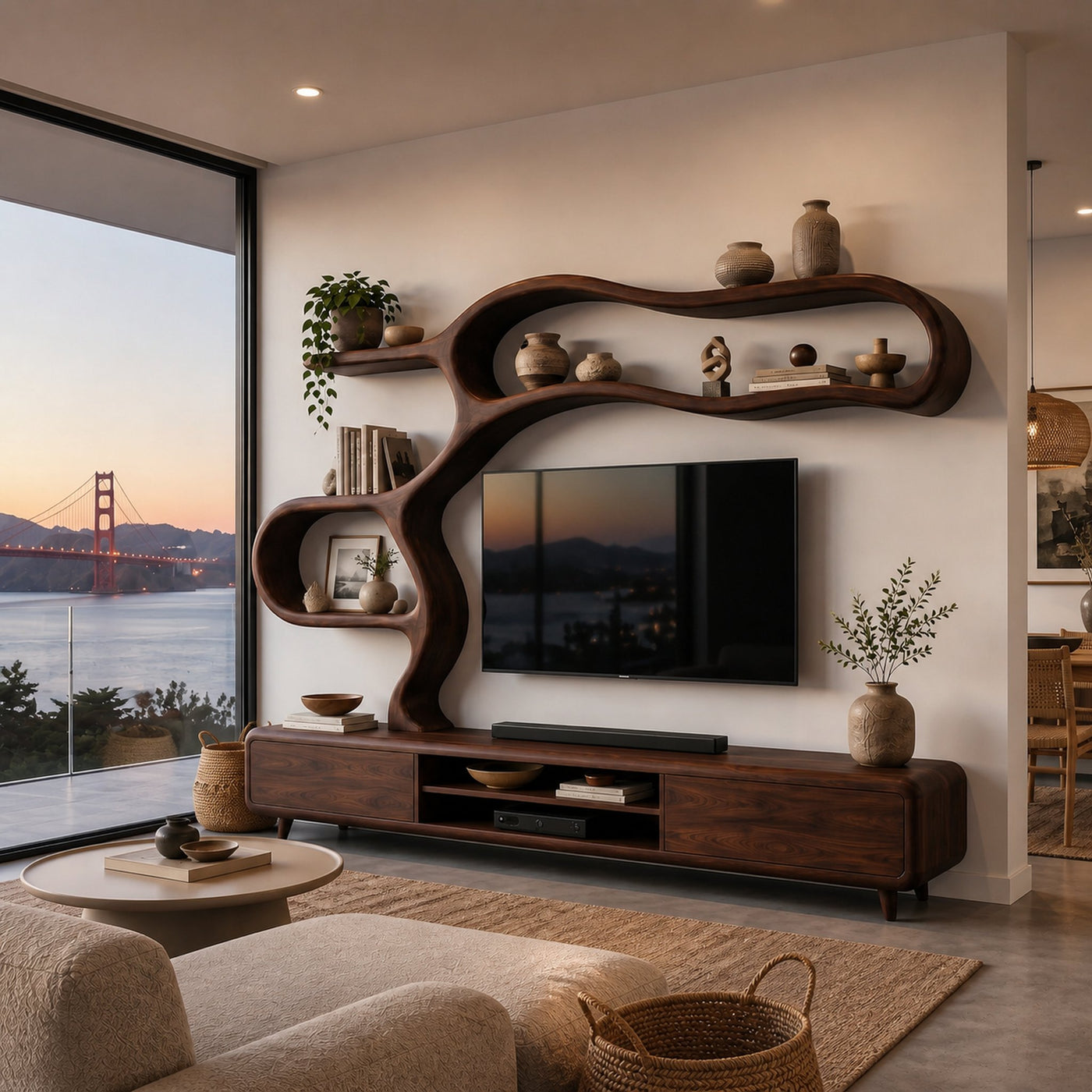 Contemporary Wooden TV Cabinet With Sculptural Frame For Living Room - product view 7