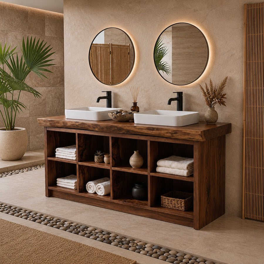 Double Sink Wood Bathroom Vanity With Open Shelves Spa