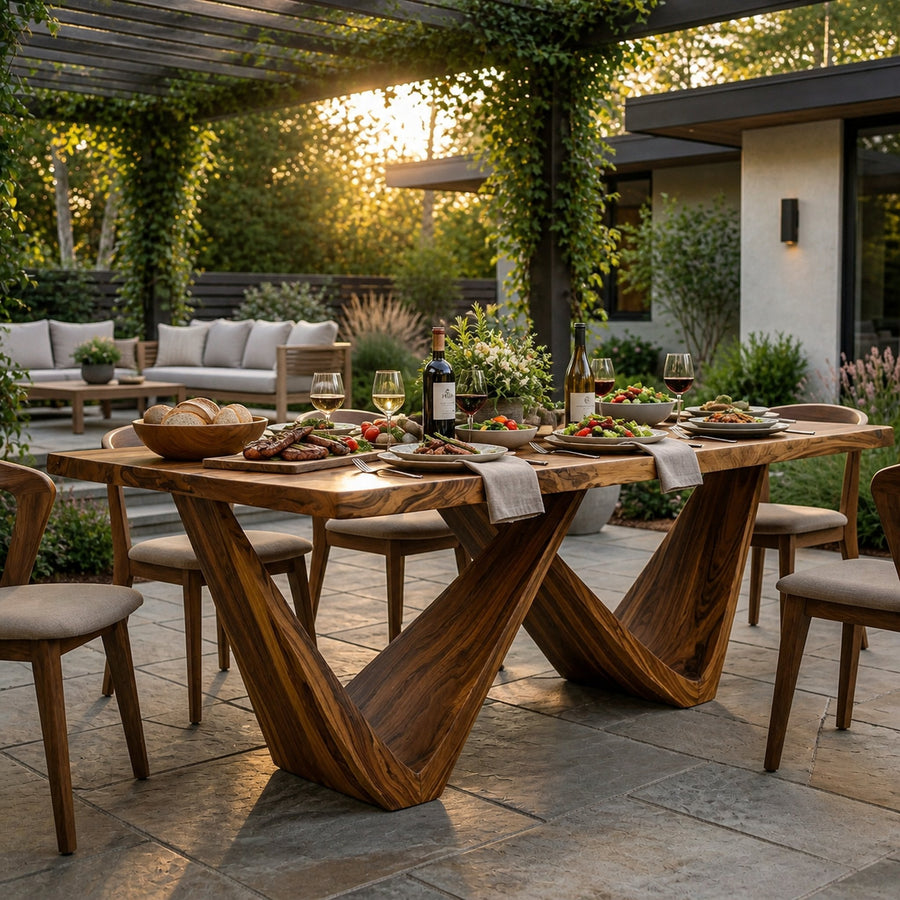 Farmhouse Wooden Dining Table With Statement Base For Interior
